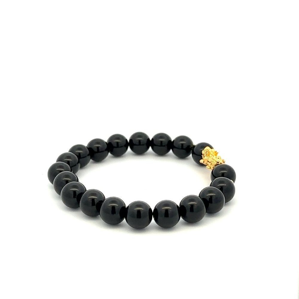 18K Gold Dragon Pixiu Piyao Lucky Charm Bead Bracelet Gemstone Black Onyx 8mm - Picture 8 of 9